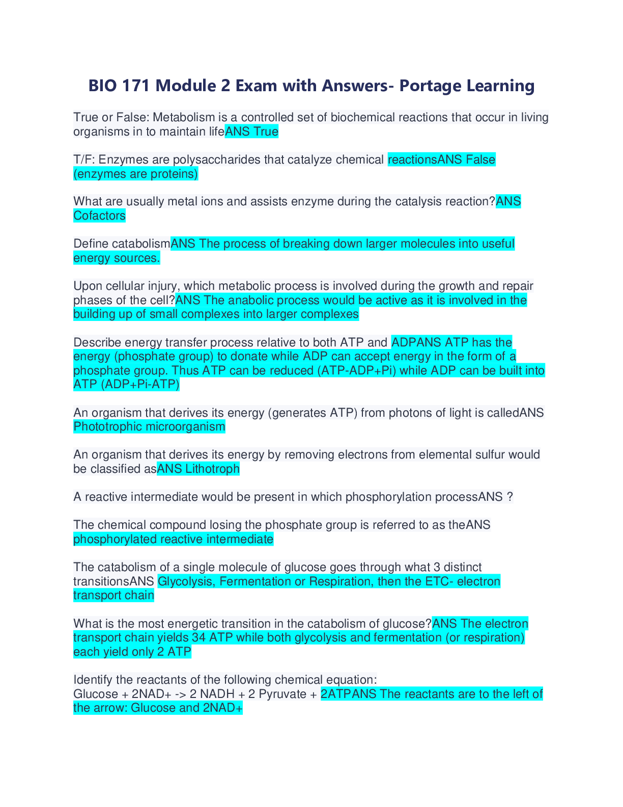 Preview image for BIO 171 Module 2 Exam with Answers- Portage Learning  REAL